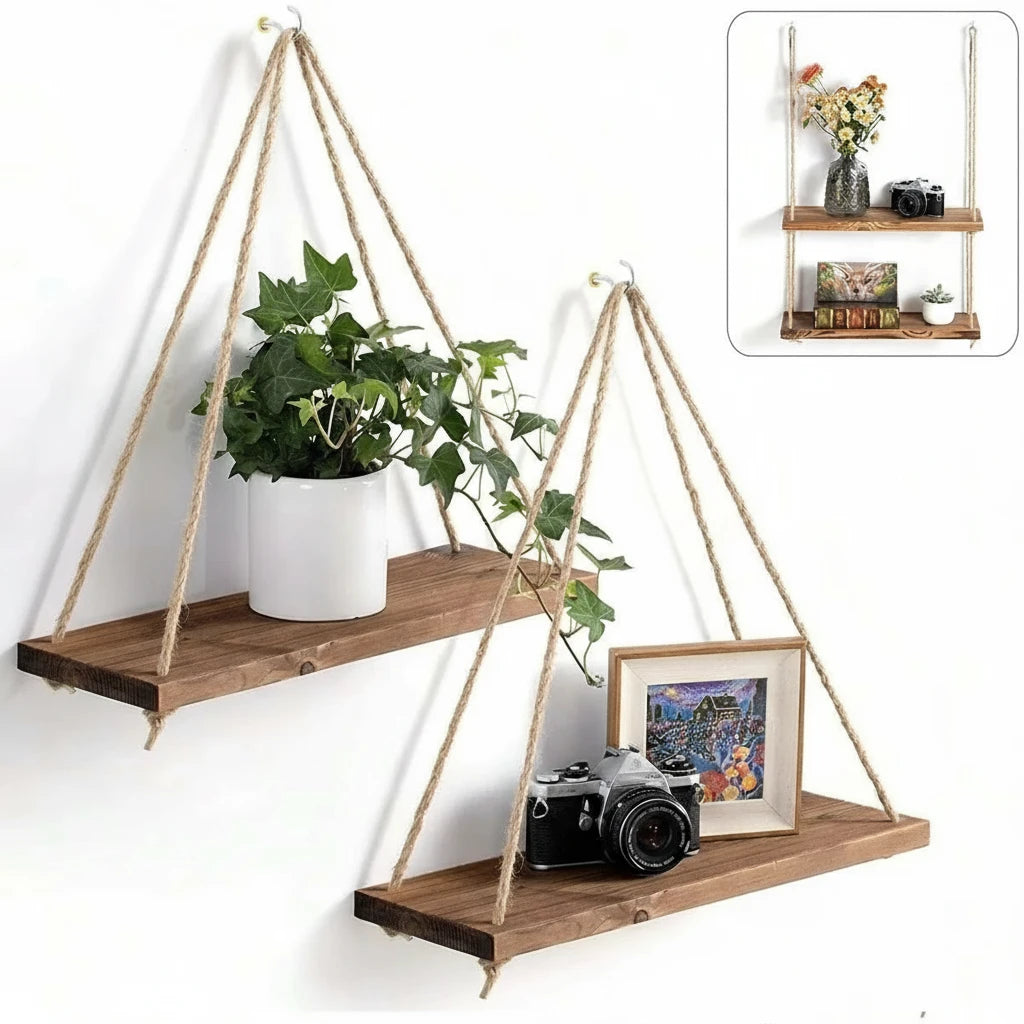 Houten Schommel Wandplank Hangend Touw Plant Display