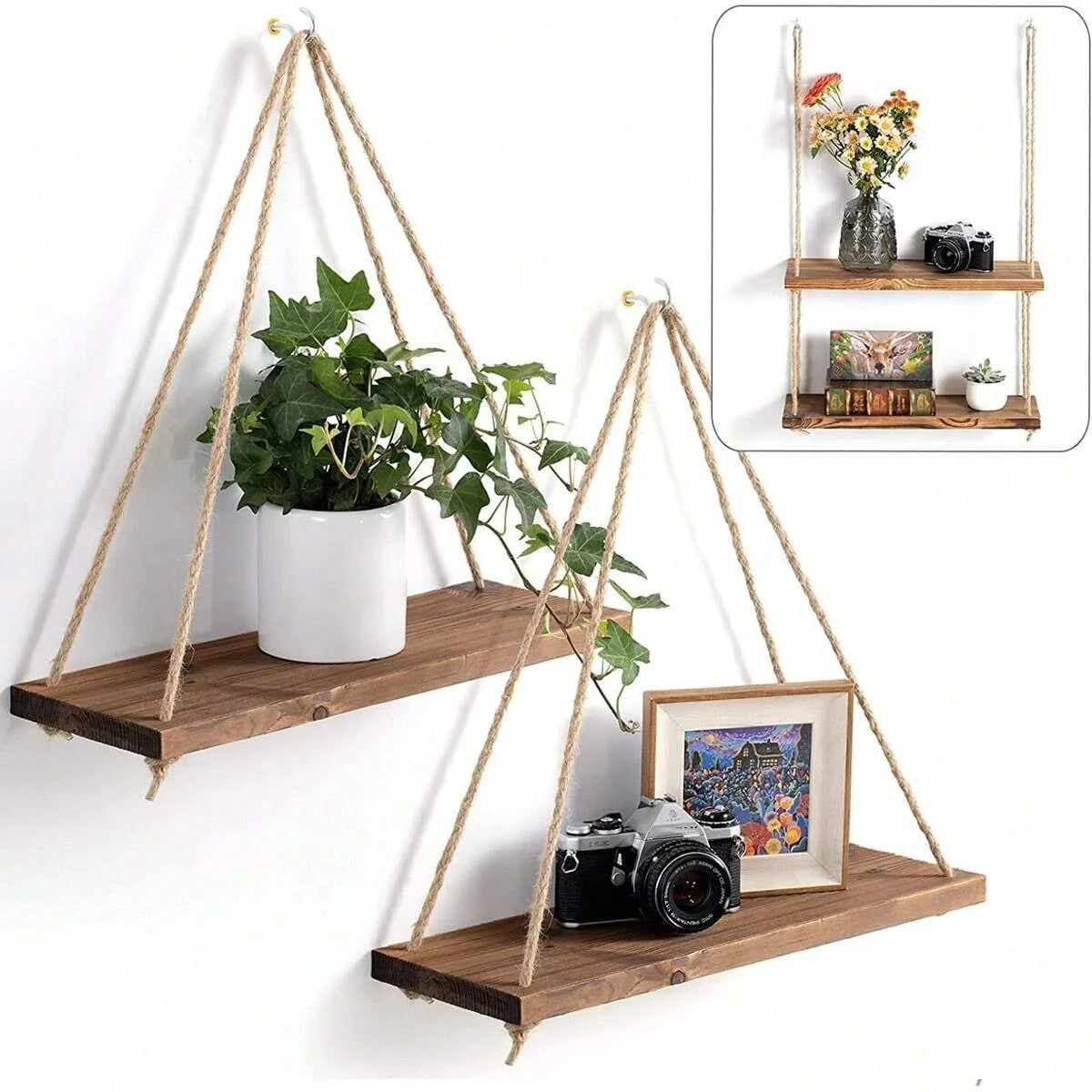 Houten Schommel Wandplank Hangend Touw Plant Display