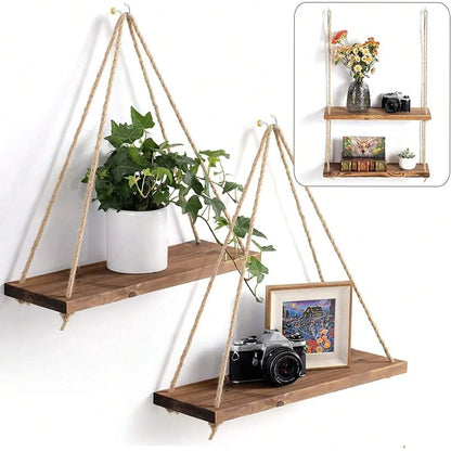 Houten Schommel Wandplank Hangend Touw Plant Display