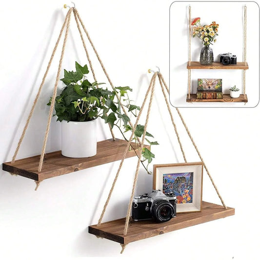 Houten Schommel Wandplank Hangend Touw Plant Display